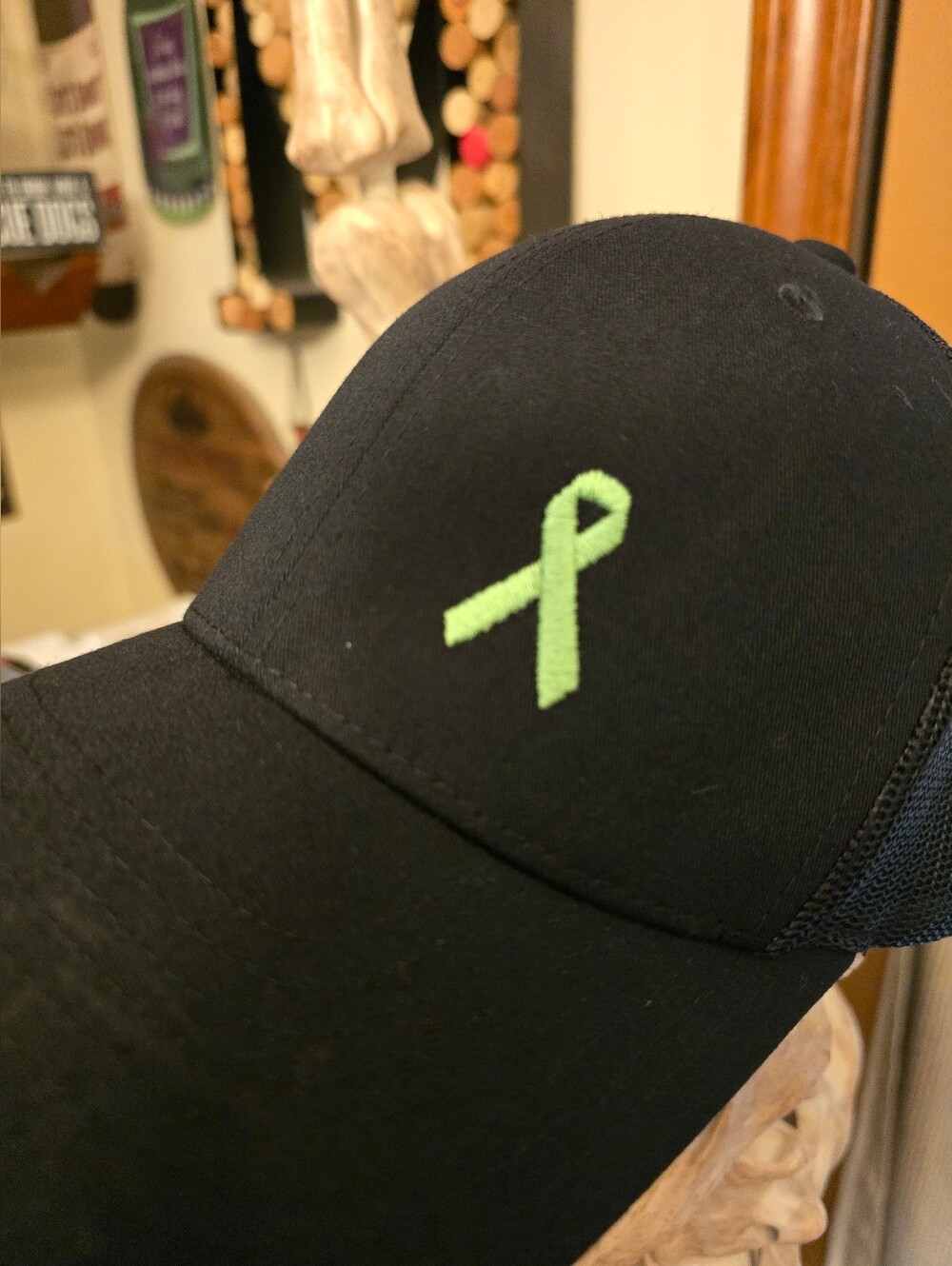 Black Trucker Cap with Lymphoma Green Awareness Ribbon - Picture 3 of 8